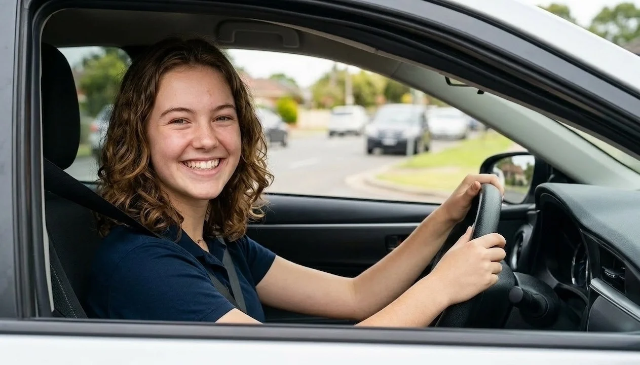 Young driver smiling behind the wheel